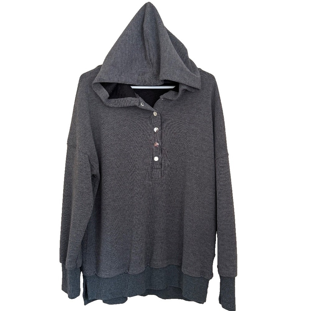 Womens Gray Hooded 1/2 Snap Front Thermal Knit Top M Layering Athleisure Outdoor